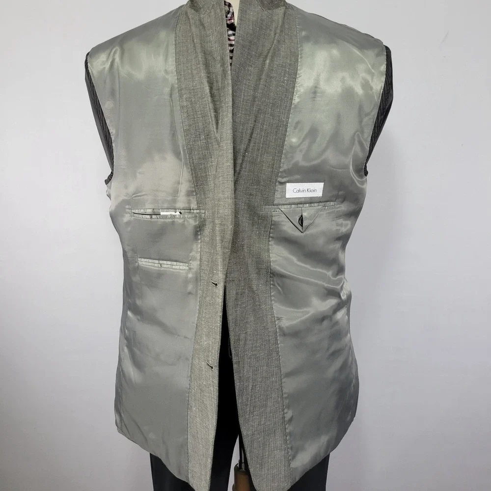 Calvin Klein Men's Sport‎ Coat Blazer Two Button Gray Herringbone Linen Wool 46R